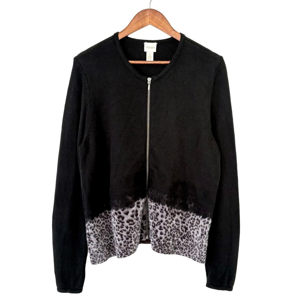 Chico’s Zip Front Cardigan Womens 2 L Black Gray Leopard Print Knit Sweater